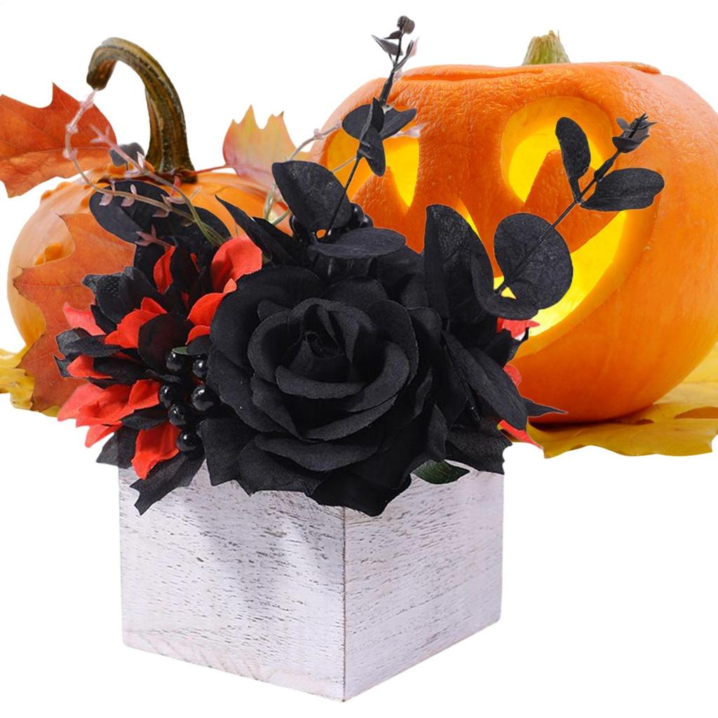 Halloween Flower Arrangement Day Of The Dead Artificial Black Flowers Bouquet With Wooden Vase Gothic-Style Centerpieces