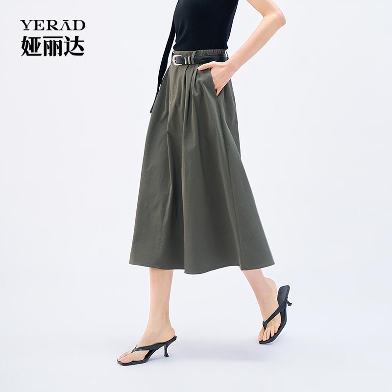 High street casual workwear style half skirt, fashionable pleated high waisted A-line skirt