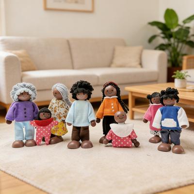 Realistic African American Family of 8: Movable Joint Wooden Dolls for Children's Pretend Play