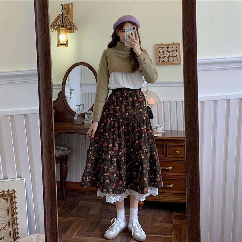 Corduroy Floral Midi Skirt Women Navy Blue Brown Floral Skirts