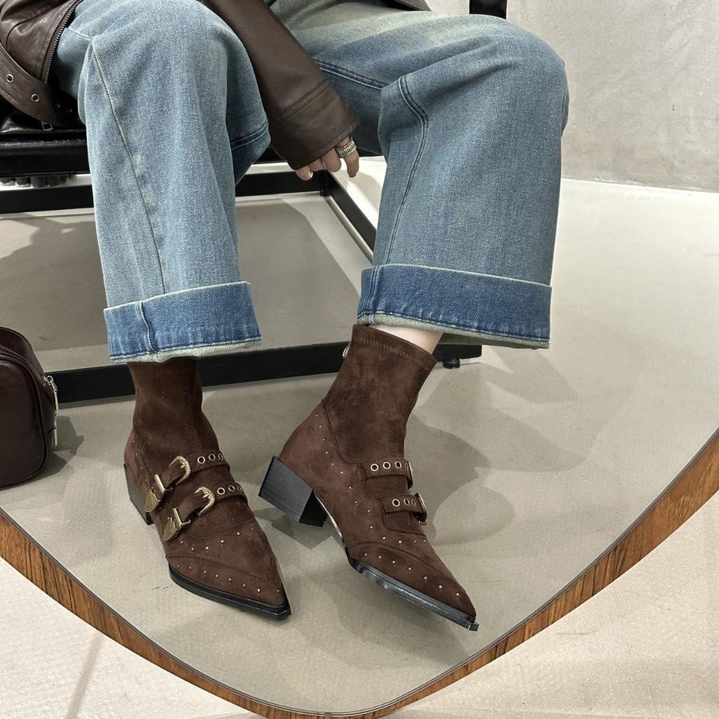 Belt Buckle Suede Pointed Short Boots Women's 2025 Autumn New Thick Heel Sexy Chelsea Boots Fashion Boots Women's Boots