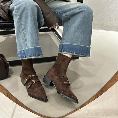 Belt Buckle Suede Pointed Short Boots Women's 2025 Autumn New Thick Heel Sexy Chelsea Boots Fashion Boots Women's Boots