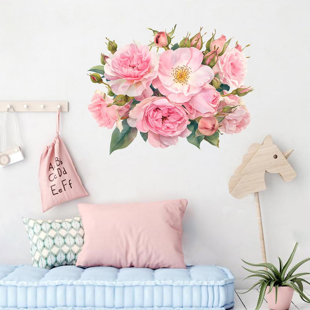 Creative Painting Pink Flower Wall Stickers Self Adhesive Decals for Living Room Bedroom Hallway Home Decor