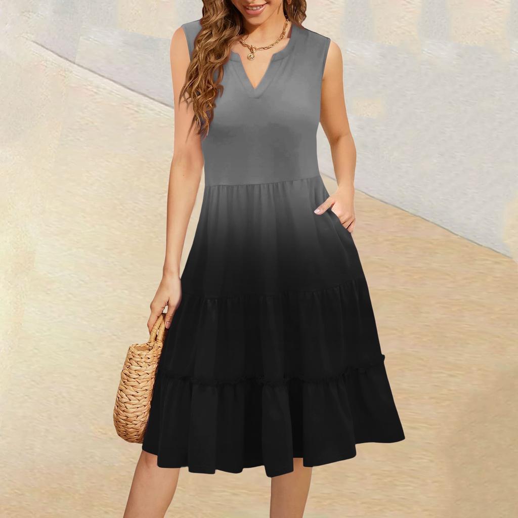 Women's Summer V-Neck Casual Pleated Ruffle Gradient Sleeveless Dresses