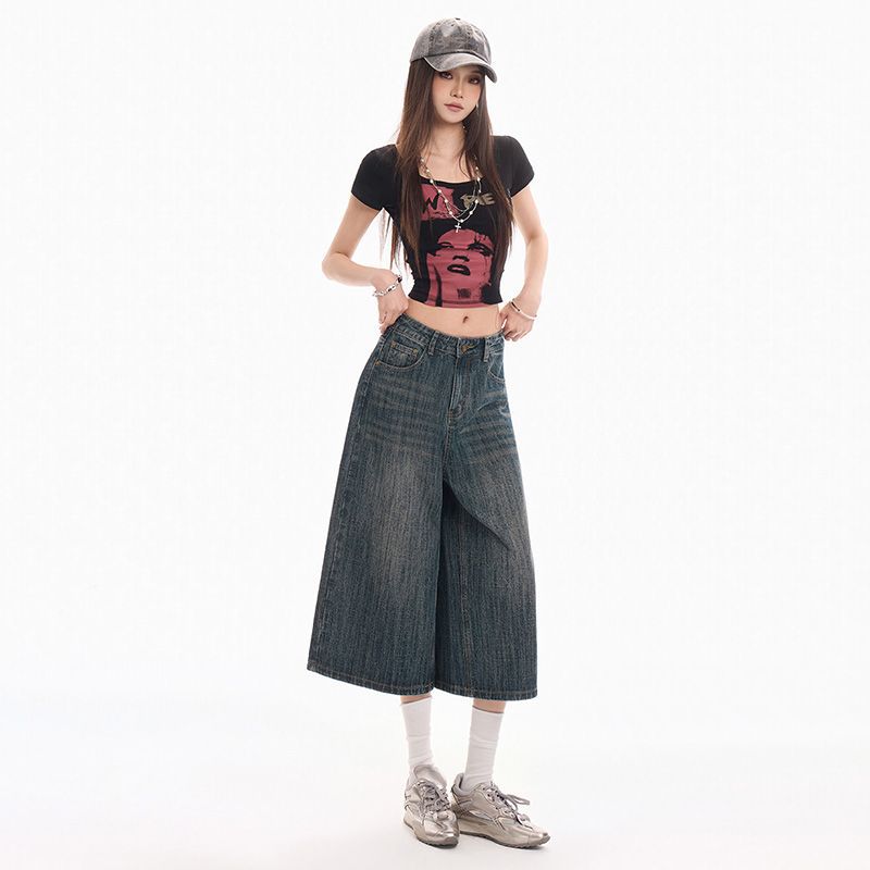 Trendy Summer Vintage Wide Leg Straight Cropped Capri Denim Pants For Women Versatile Loose Straight Slimming Casual Bottoms