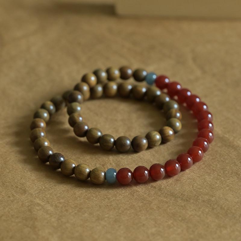 Iced watermelon green sandalwood and translucent red agate6m Double-ring wooden bracelet, cool and elegant, artistic and calming Buddhist beads for