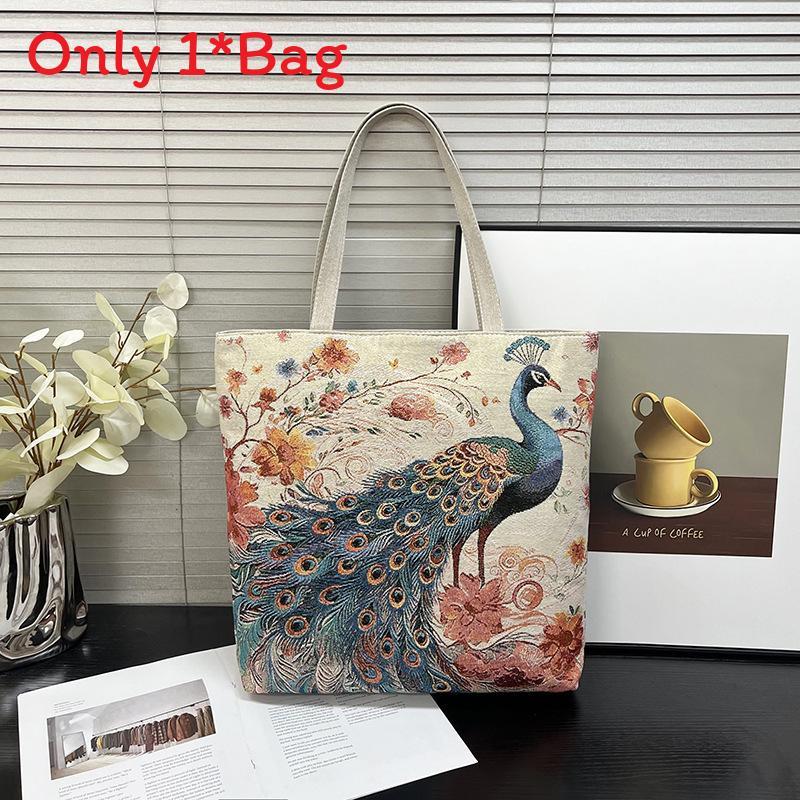 Ethnic Style Canvas Tote Bag With Doublesided Embroidered Silk Thread Floral For Daily Use