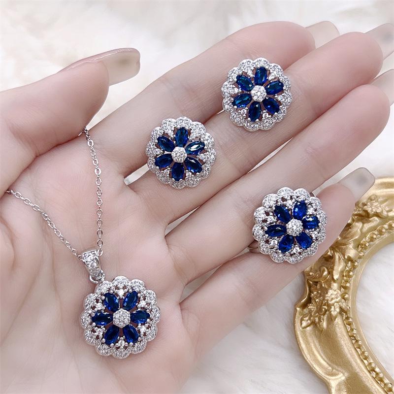 Sapphire & Gemstone Flower Set: Ring, Necklace, Earrings - Elegant, Versatile Fashion for Women