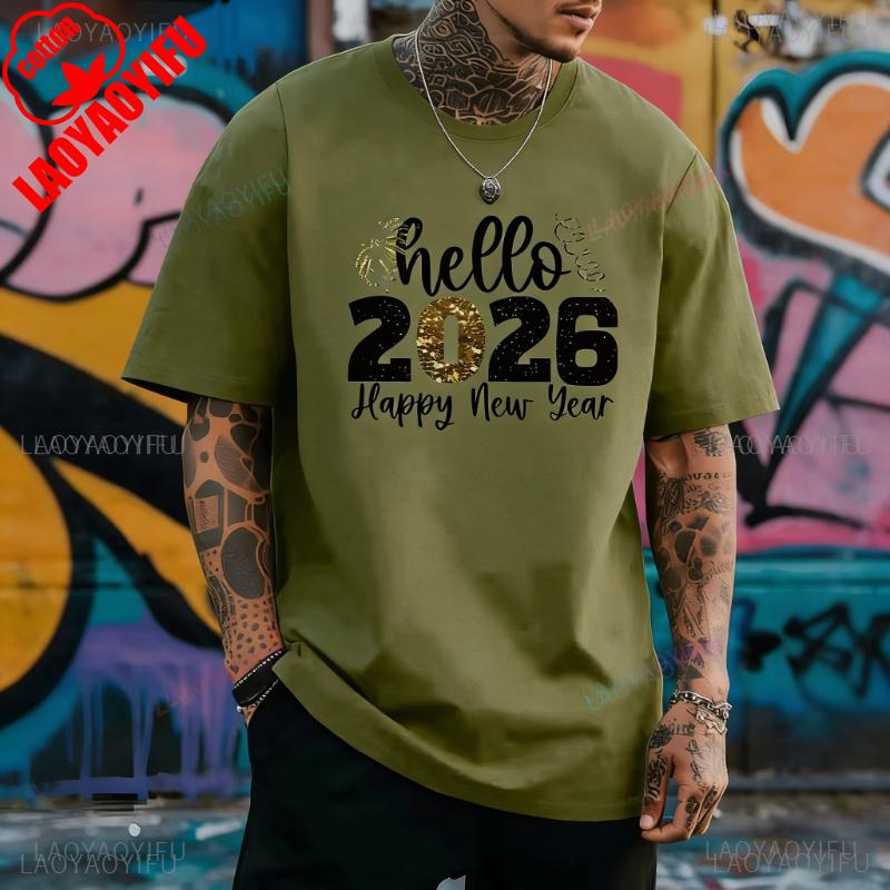 2026 New Year Hello Simple Graphic TShirt Golden Lettering Casual Crew Neck Unisex Tee Fashion Leisure Allmatch Shortsleev