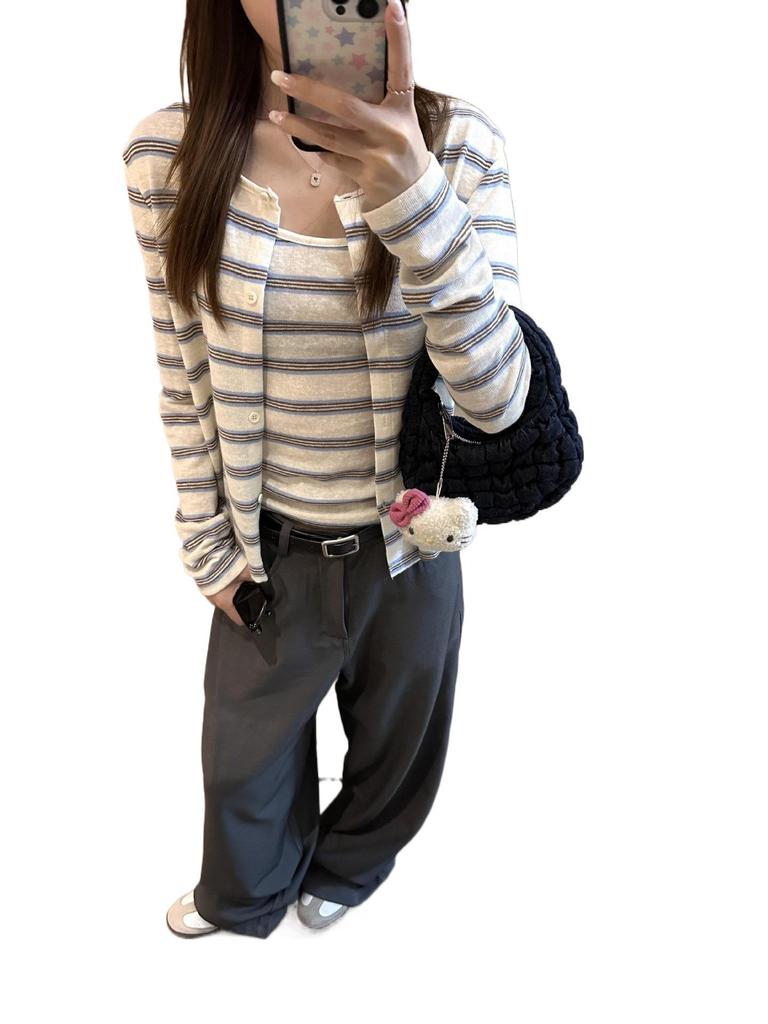 Korean Style Striped Camisole & Long Sleeve Knitted Top for Women