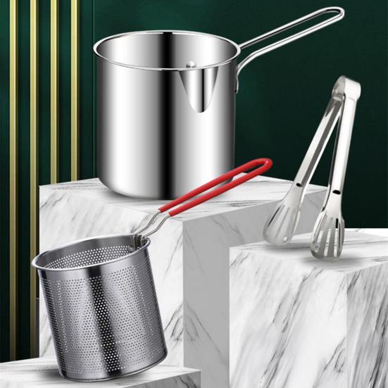 Freidora Profunda de Acero Inoxidable con Cesta de Filtro Mango Extendido Mini Freidora para Cocción Eficiente Olla de Aceite Multifuncional para Freír Vaporizar Hervir