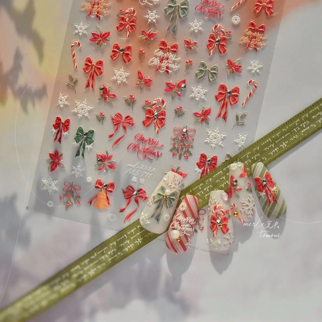 Shiny Red Bowknot Bow Tie Silk Ribbon Butterfly 5D Nail Art Sticker Pearl Rhinestones Self Adhesive Decoration Manicure Decal