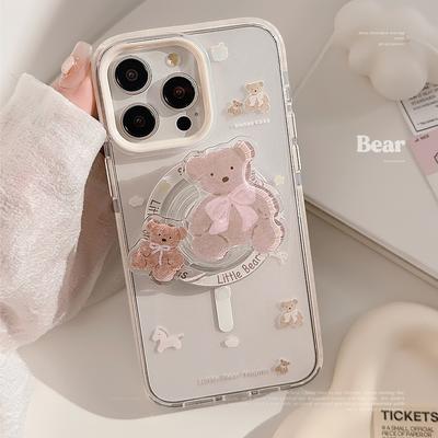 Cute Bear Stand Magnetic Suction 17Promax Sweet for IPhone16 Phone Case for 13 Anti-fall