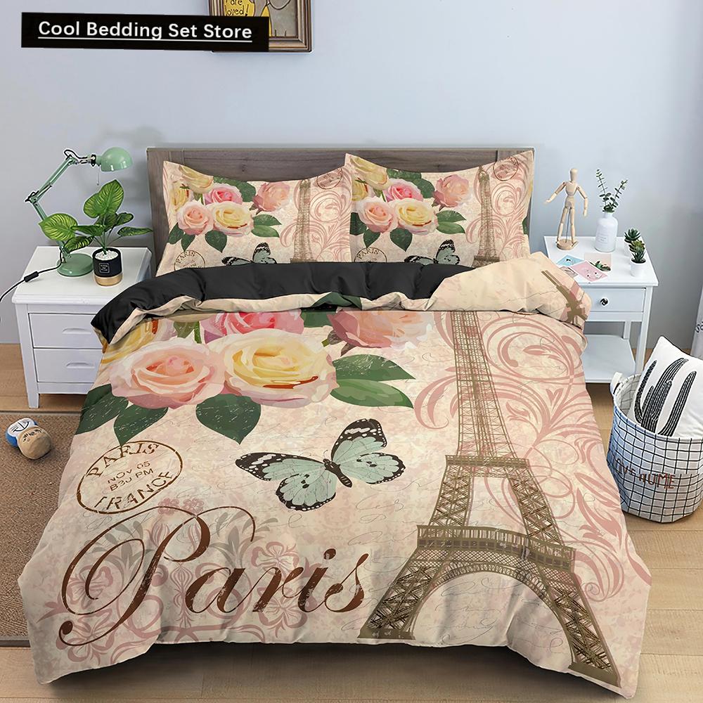 Paris Eiffel Tower King Queen Duvet Cover World Famous Romantic Attractions Bedding Set Women Girls 2/3Pcs Polyester Quilt Cover