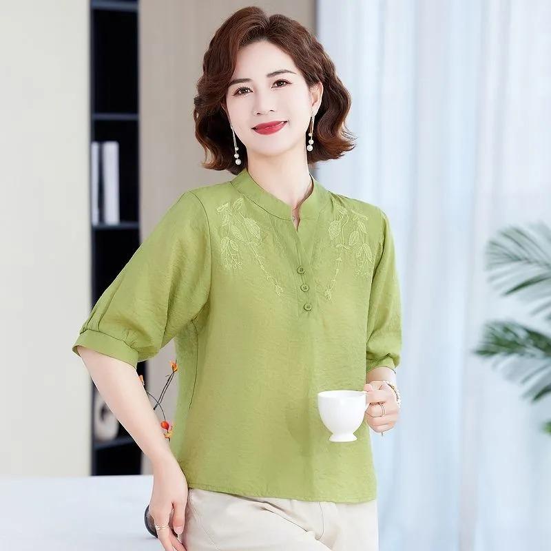 Damen Leinen Baumwolle Bestickte Bluse Lässig Stehkragen 3/4 Puffärmel Hemd