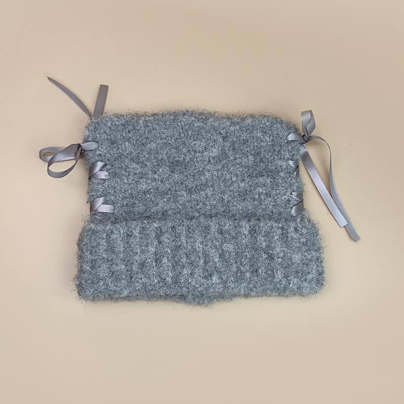 Sweet And Cute Cat Ears Bow Ribbon Knitted Hat Women S Thermal Wool Pullover Hat 54-58cm серый