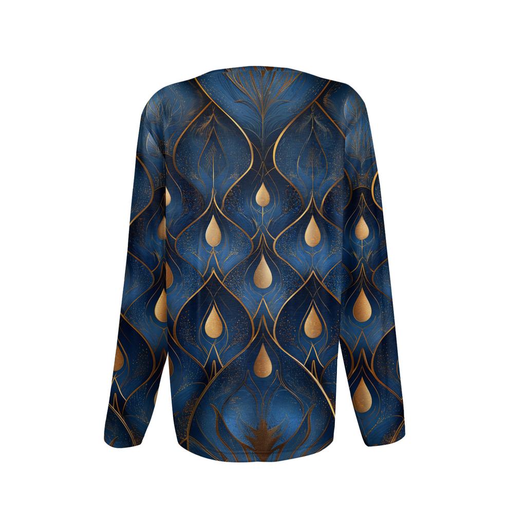 Fashion Women's Long Sleeve Round Neck Casual  Pleated Retro Floral Loose Top