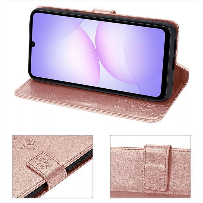 Coque de Protection - BOOLING - Samsung Galaxy A07 - Cuir Synthétique Motif Floral Rose - 2 Vitres