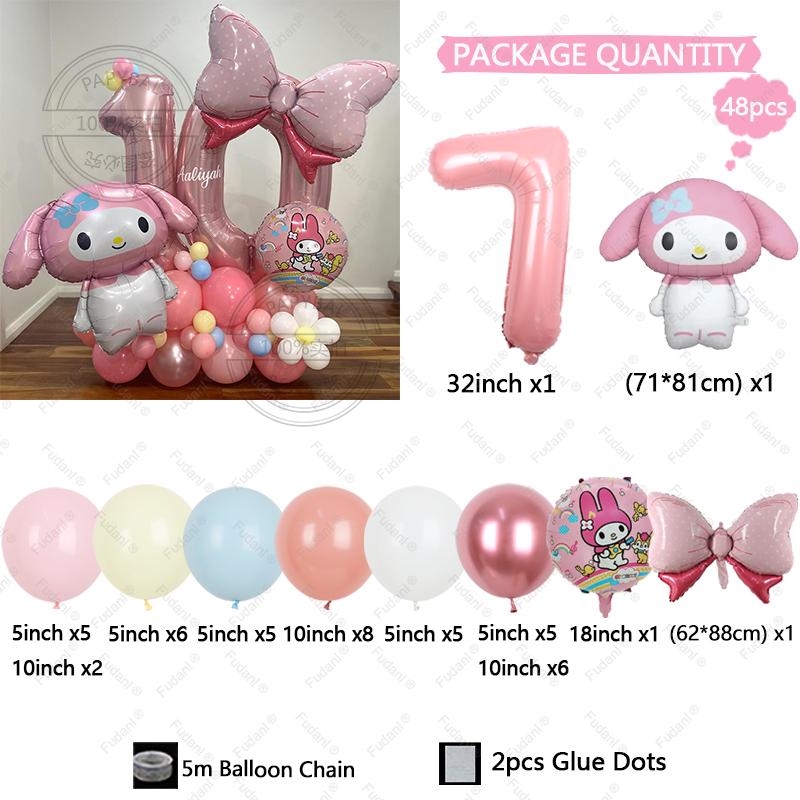 48pcs Cartoon Cute My Melody Bow Theme Foil Balloon 32 Inch Pink Number Set Children's 1-9th Birthday Party Decorative Toys