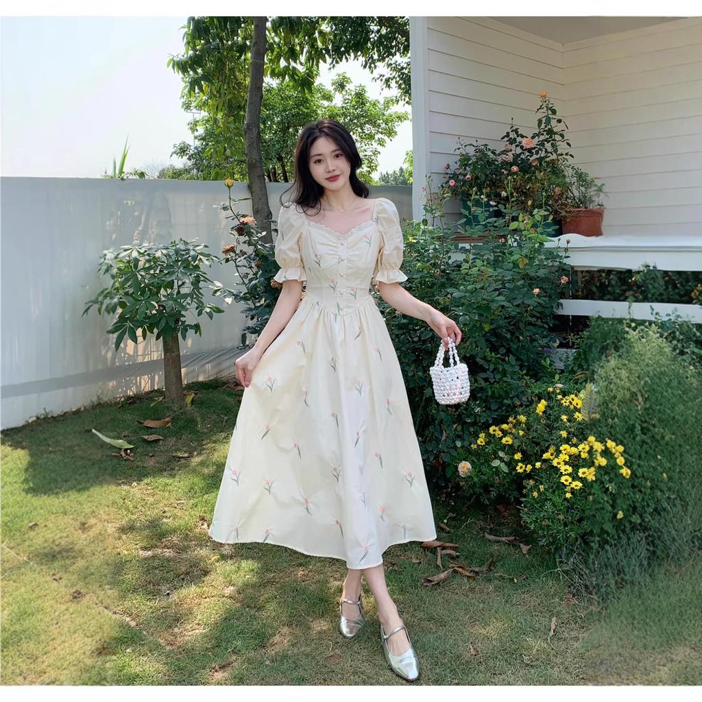 Square Neck Bubble Sleeve Floral Dress Children's Summer 2026 New Temperament Beautiful Gentle Waist Fairy Long Dress