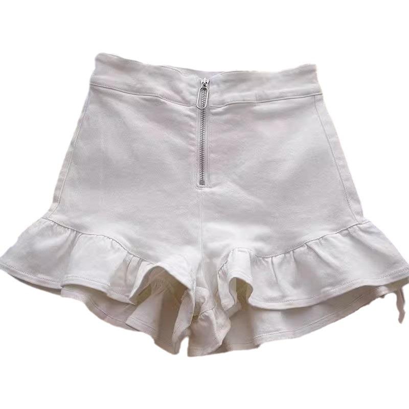 Women's 2024 Summer White Ruffled Wide-Leg High-Waist Zipper Design Casual Shorts