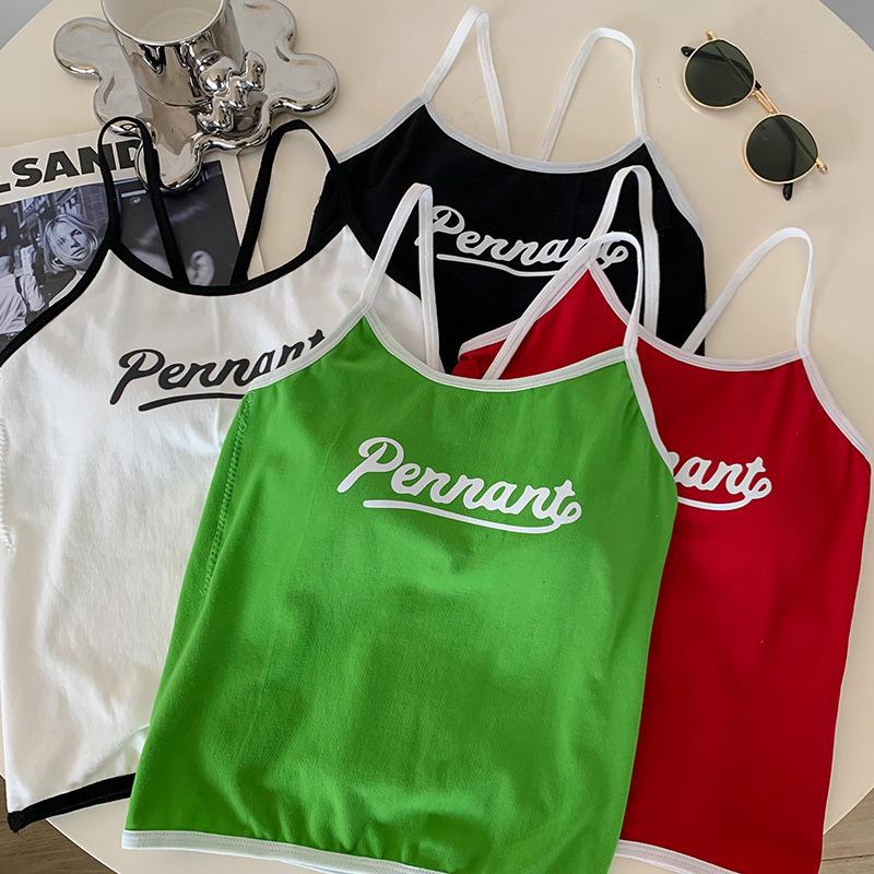 

Топ-майка с внутренними лямками и буквенным принтом для женщин, лето, с накладкой на грудь, облегающий бюстгальтер, горячая одежда для девушек, короткие топы без рукавов One size