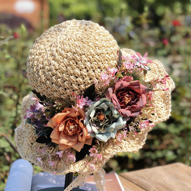 Handwoven Hollow Rose Flower Straw Hat Female Summer Small Fresh Pastoral Lace Strap Big Eaves Beach Hat