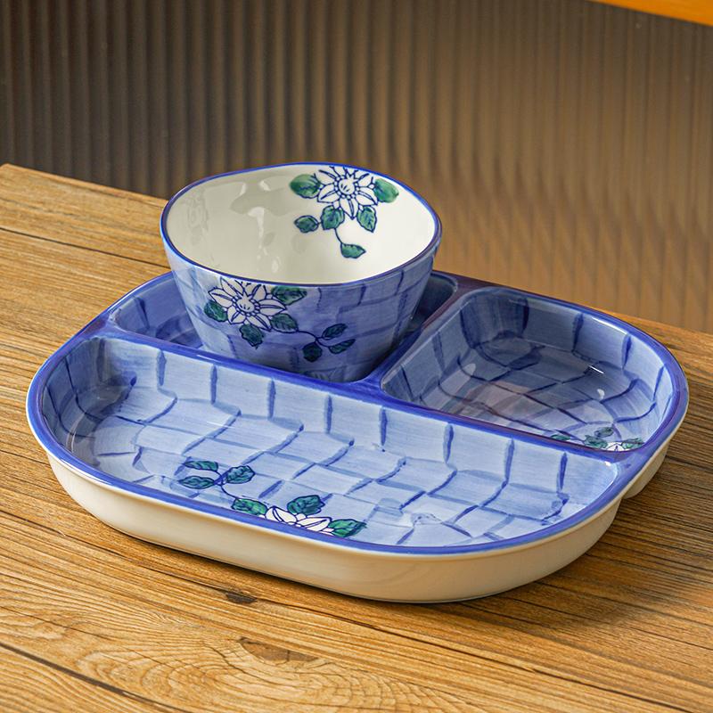 Divided Plate Large Three Grid Plate Divided Plate Ceramic Household Breakfast for One Person