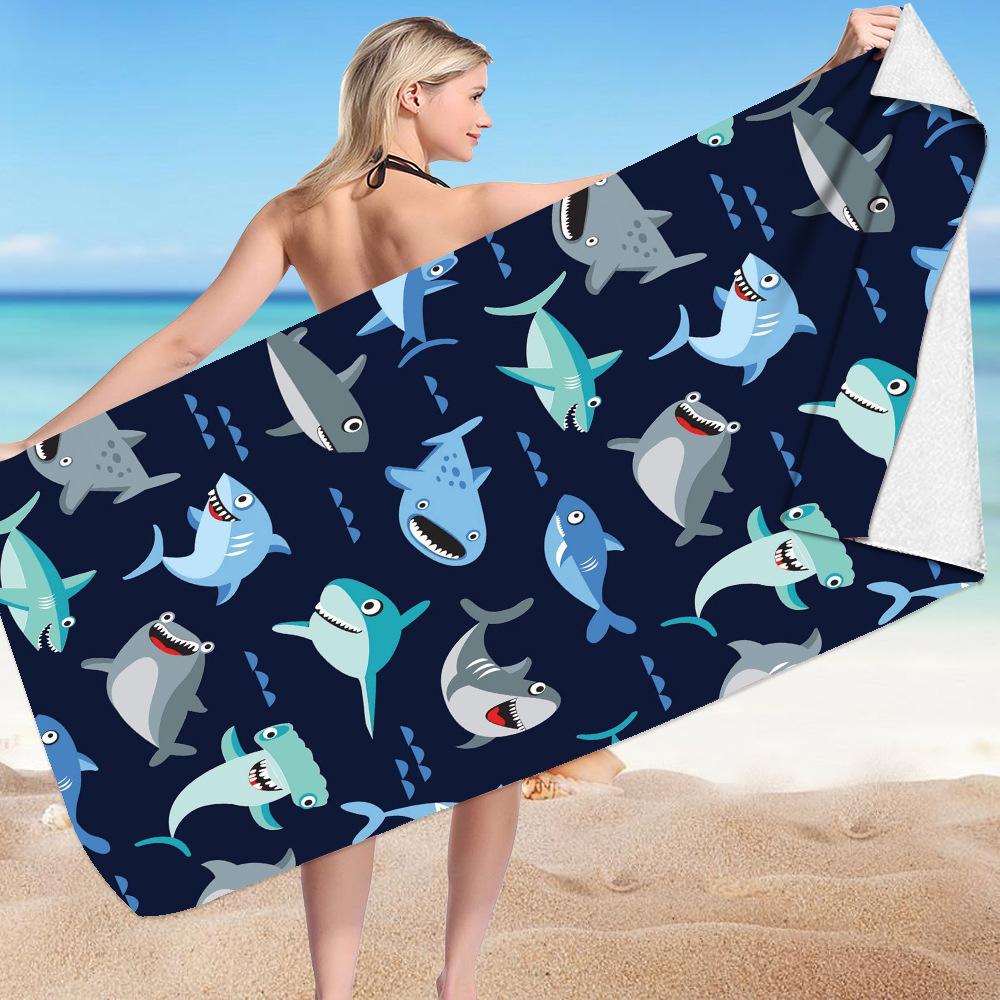 Cartoon Shark Series digital-printed polyester Superfine fiber double-sided fleece Beach vacation bath towel, beach towel
