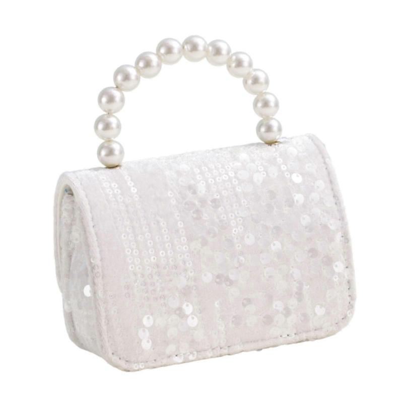 Little Girl Handbag Beading Handle Chic Purse for Daily Birthday Gift Events Milky White