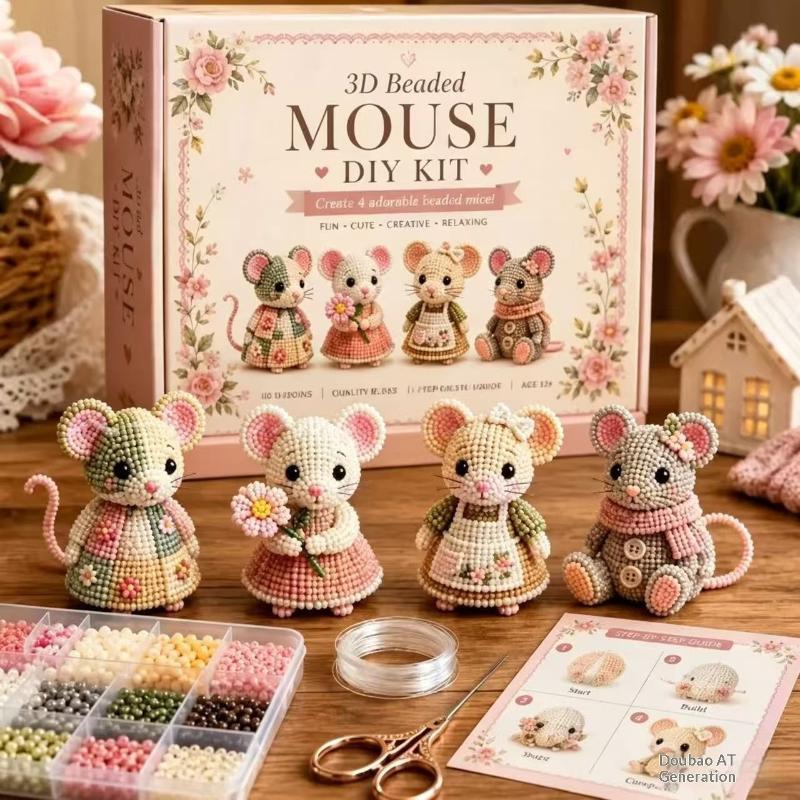 Tiny 3D Beaded Animal DIY Kit, Easy DIY Beading Embroidery Kit With 4 Cute Designs, 3D Animal Themed Beadwork Kit For Beginners