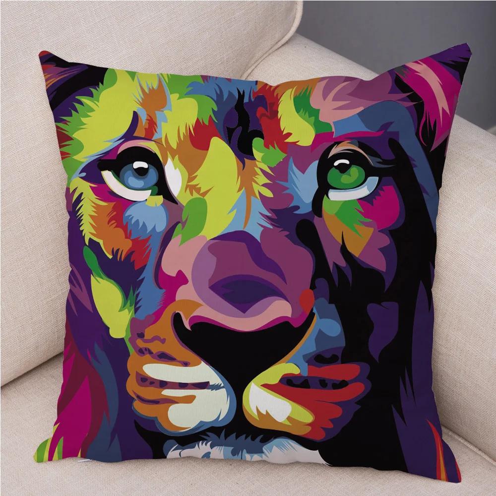 Short Plush 45*45 cm Cute Lion Pillow Case Cartoon Animal Square Cushion Cover for Sofa Home Decorative Printed Throw Pillowcase