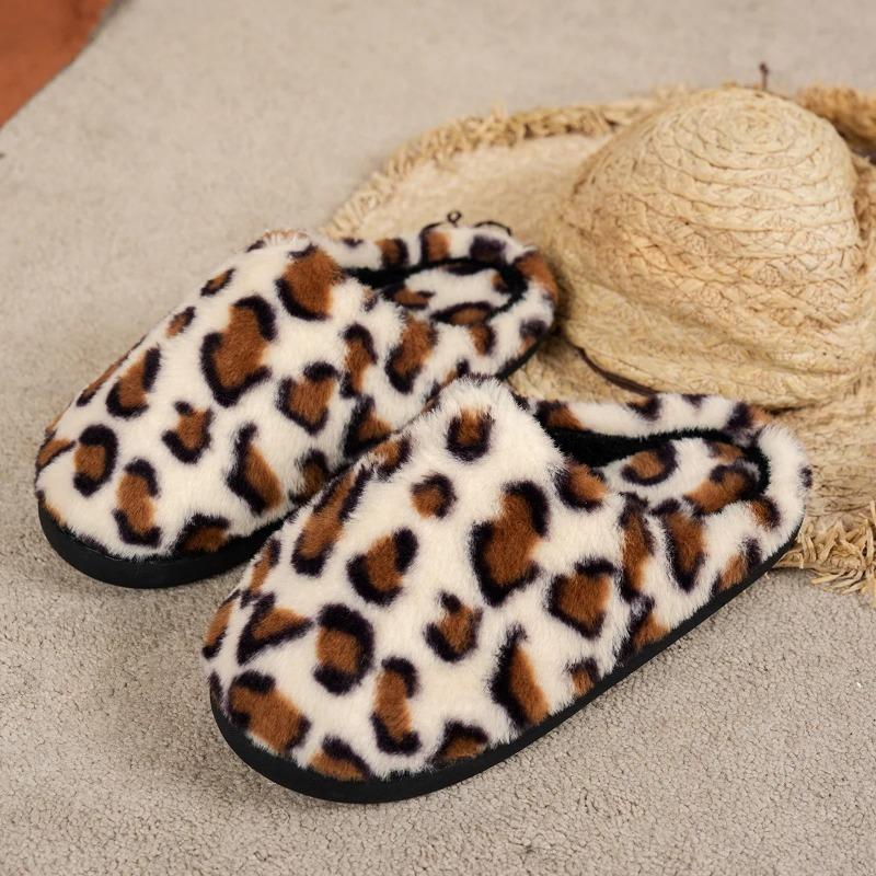 Leopard Color Fluffy Slippers For Women Men Witner Home Floor Shoes Warm Faux Fur Anti-slip Couples Indoor Cotton Slipper