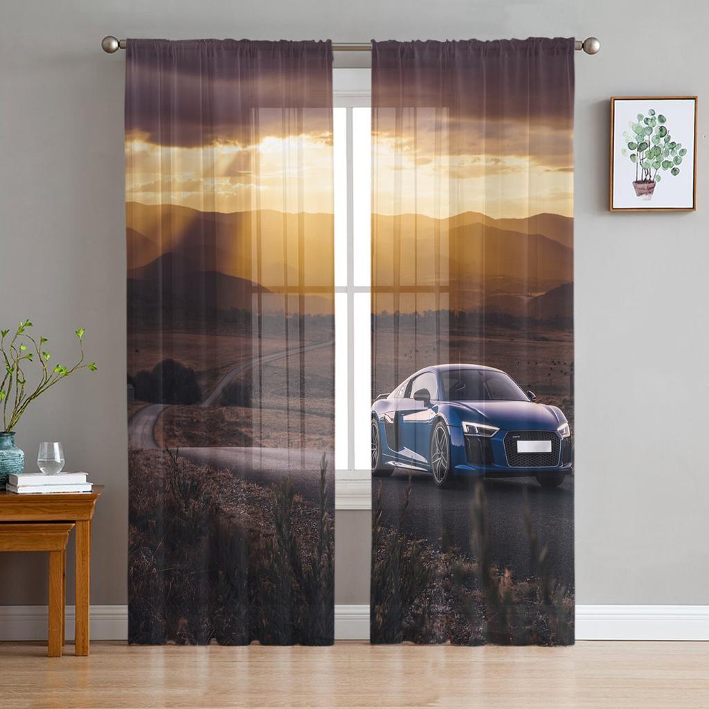 City Sports Car Sheer Window Curtains for Living Room Kitchen Children Bedroom Decoration Chiffon Tulle Voile Hanging Curtain