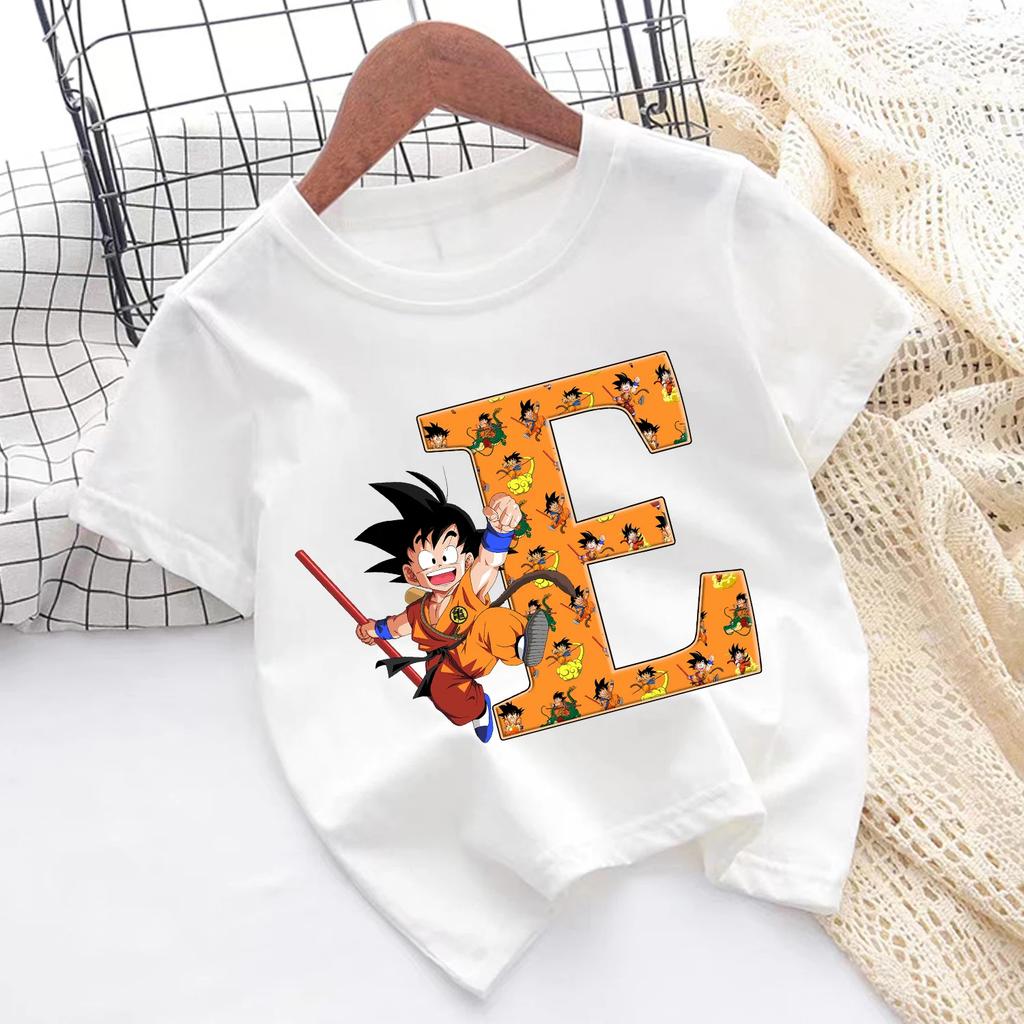 Dragon Ball Goku T-shirt Children A-Z Letter Tee Top Cartoon Summer Fashion White Short Sleeve Clothing Kids Casual Clothes Gift