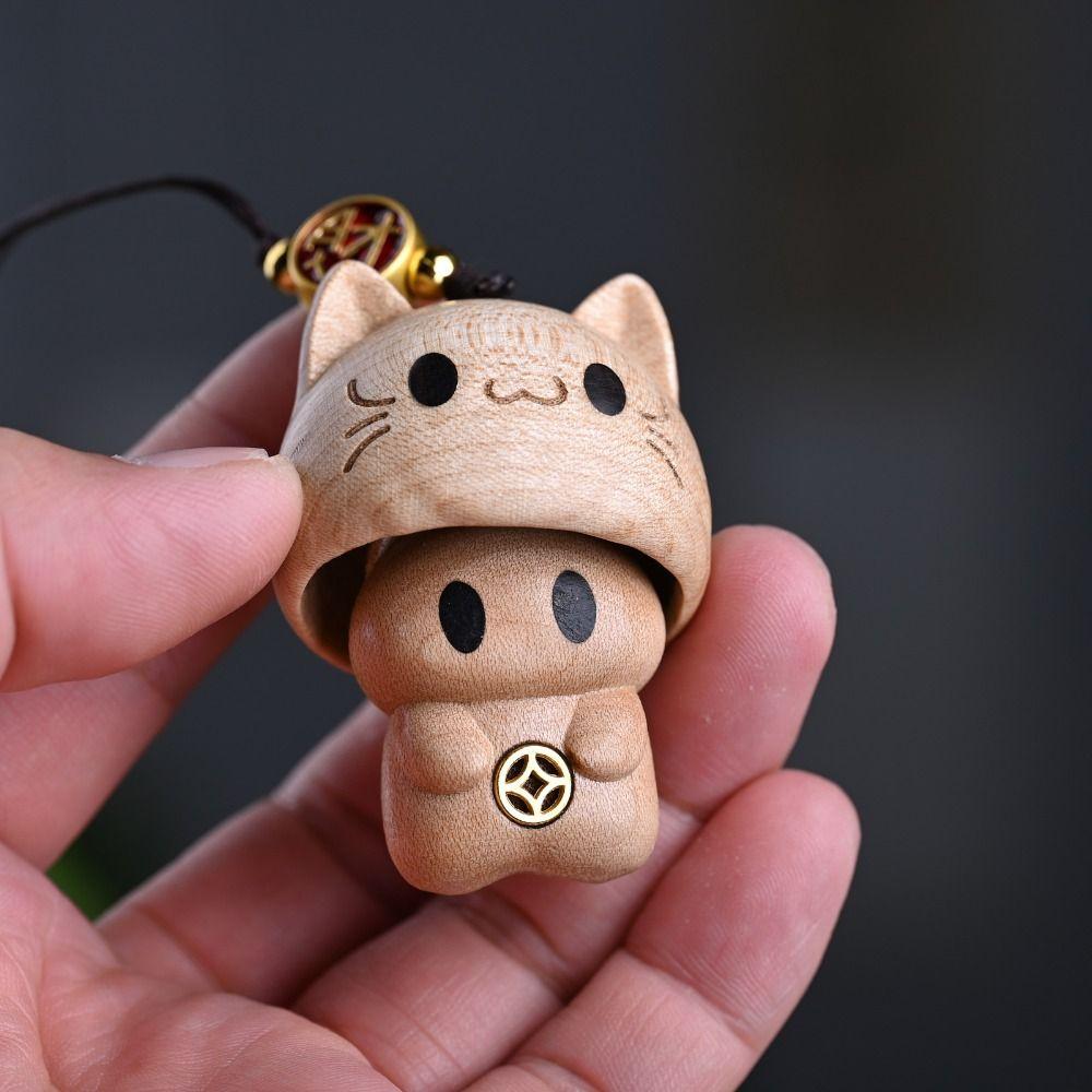 Hand-carved Wood Carving Pendant Cute Car Hanging Ornament Wooden Cat Phone Chain  Phone Accessory