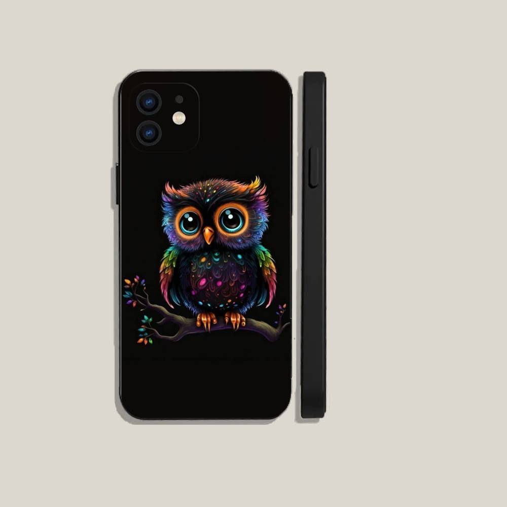 Cute Owl Phone Case For iPhone 6,17,16,15,14,13,12,11 Plus,Pro Max,XS,X,XR,SE,Mini,8,7,Soft Silicone Black Cover