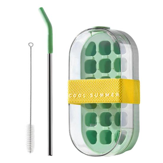 Bandeja de Hielo para Botella de Agua con Pajita Liberación con un Clic 2 en 1 Molde para Cubitos de Hielo y Hervidor Botella de Agua Portátil Bandeja Vertical para Cubitos de Hielo para Congelador