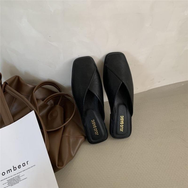 

Large size bag head slippers women s outer wear summer new flat bottom sandals square head fashion shoes 34 чёрный
