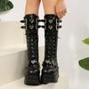 Women's Cool Retro Punk Boots Chunky Wedges Metal Design Lace Up PU Leather High Quality Outdoor Shoes 35-43