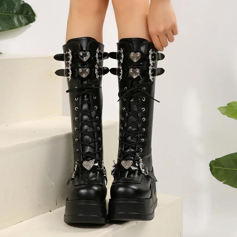 Women's Cool Retro Punk Boots Chunky Wedges Metal Design Lace Up PU Leather High Quality Outdoor Shoes 35-43