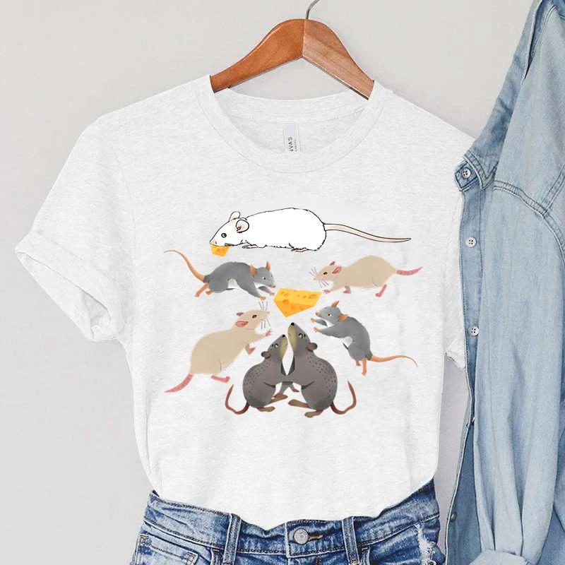 Футболки Женские Крыса Мультяшный Сыр Летняя Женская Одежда Харадзюку Животное Крыса Футболки с Коротким Рукавом Женские Повседневные Модные Футболки S