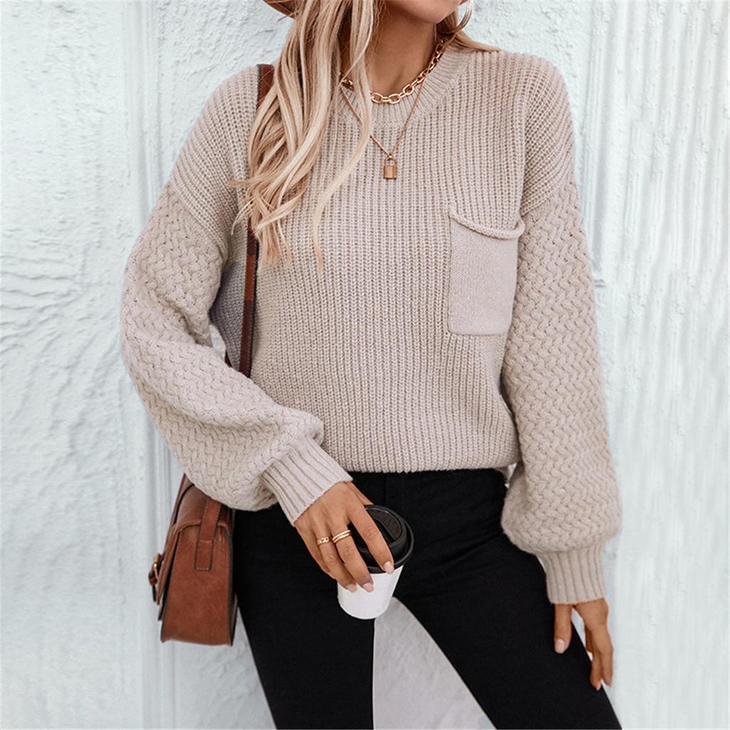 Solid Color Pocket Pullover Women's Sweater Autumn And Winter New Casual Round Neck Long Sleeve Knitted Sweater
