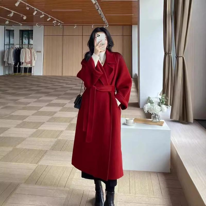 Red Woolen Coat Women's Woolen Coat Autumn and Winter High Sense Small Loose New Medium and Long