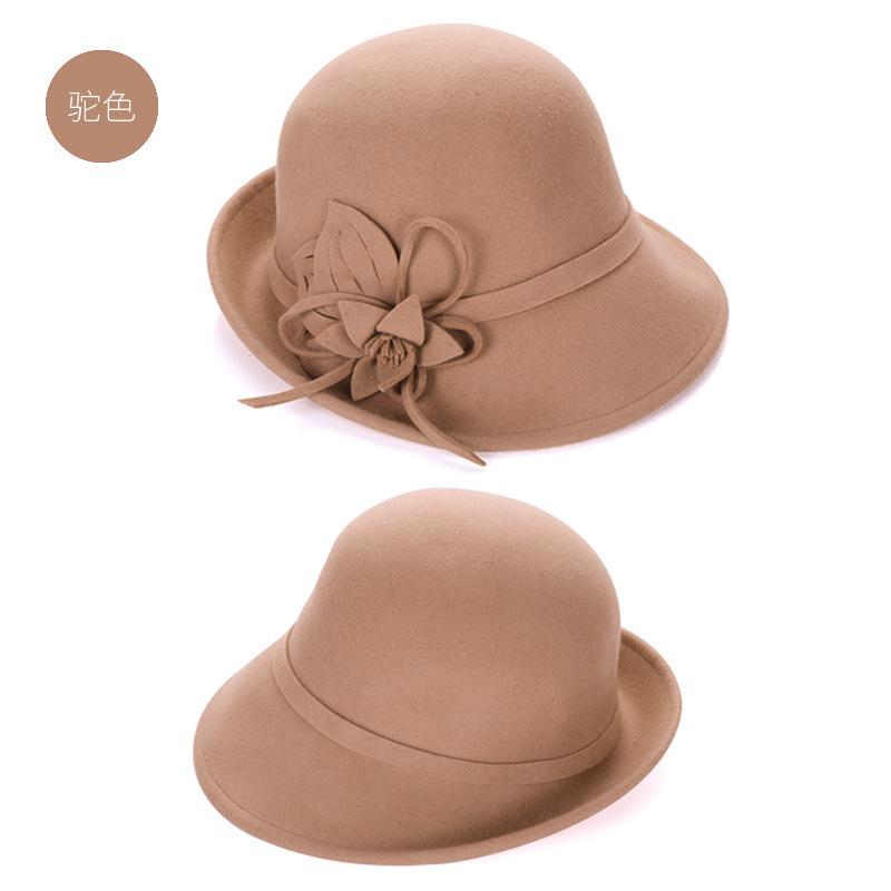 Autumn and winter upturned flower woolen hat lady elegant retro British style shopping hat wide-brimmed hat