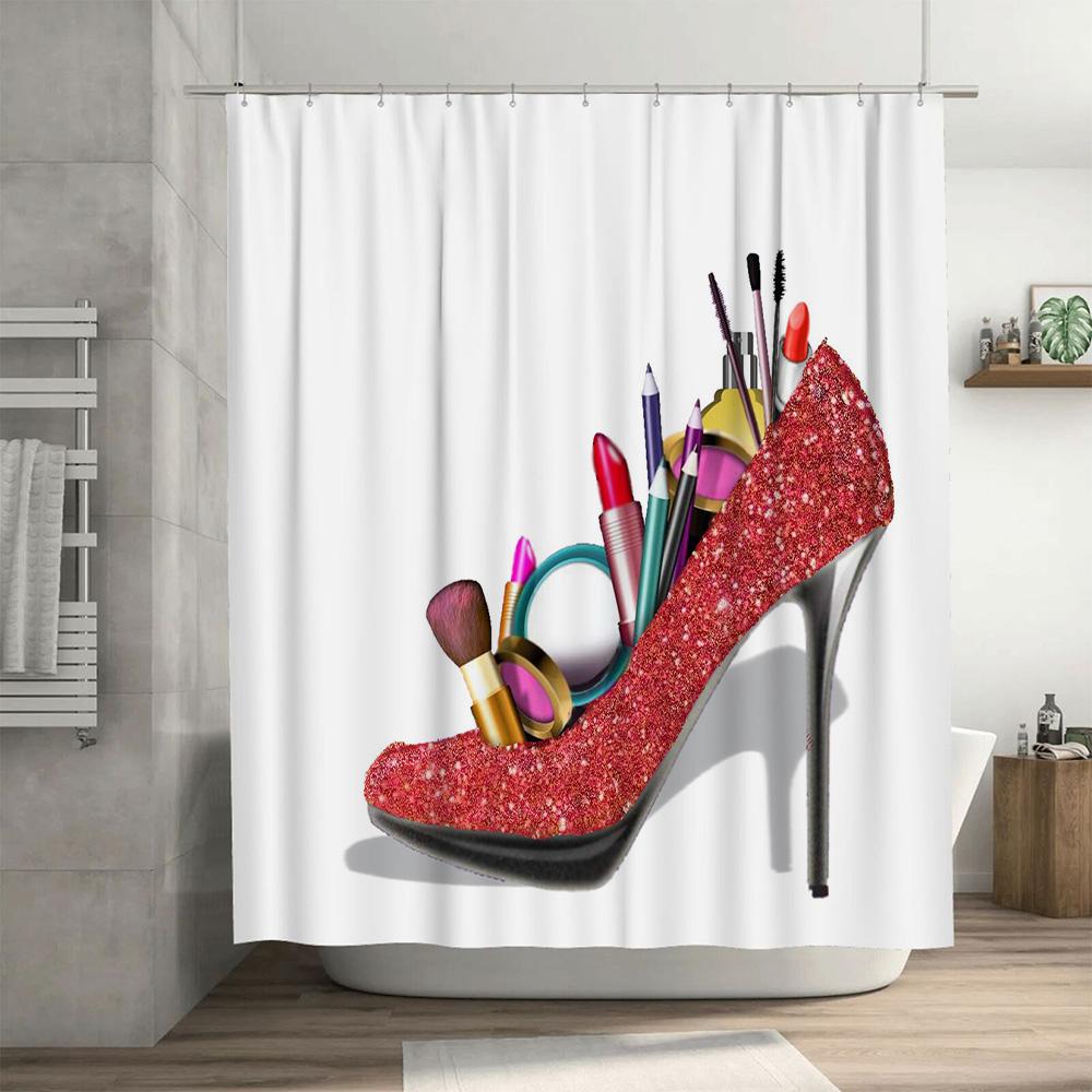 Luxury Heels Makeup Shower Curtain With Sequins Fashion Bathroom Decor For Women'S Cosmetics Display Ideas