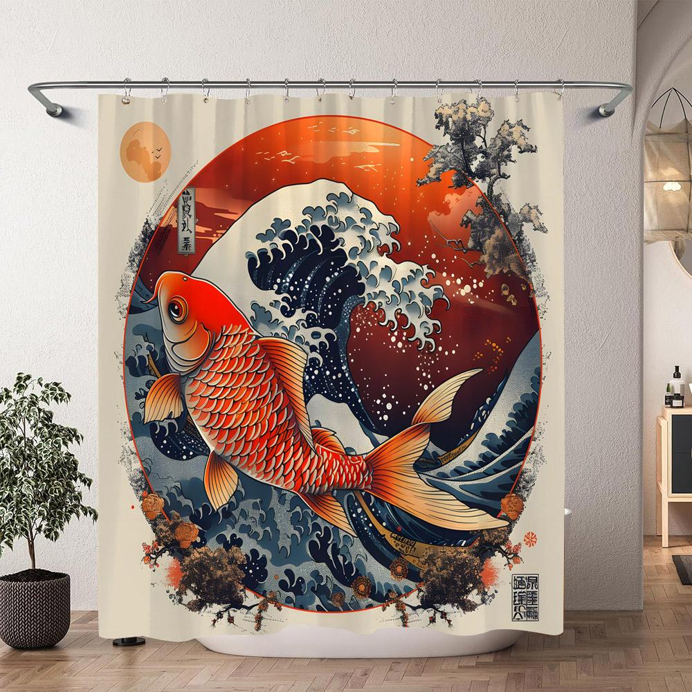 Japanese Sea Waves Red Koi Shower Curtain Ink Painting Printed Polyester Fabric Shower Curtain Bathroom Decoration with Hooks
