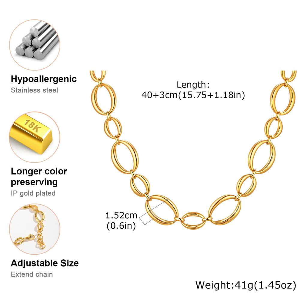 Stoere roestvrijstalen schakelketting voor dames, vergulde dikke ovale choker, geometrische minimalistische sieraden