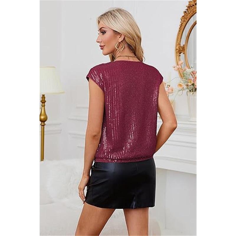 Top in Lavorazione con Paillettes Scollo a V da Donna Senza Maniche Scintillante Casual Camicetta