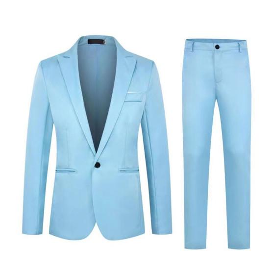 2 adet/takım erkekler bahar sonbahar düz renk takım elbise yaka uzun kollu cepler tek düğme Blazer orta katlı Slim Fit uzun pantolon seti